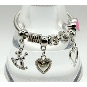 Girls Silver Tone Stretch Charm Bracelet Balloon Dog Heart Rhinestone 6"